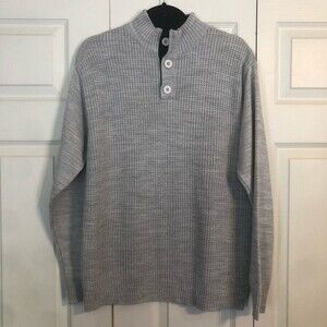 CANTABIL Italy 40 Gray Henley Sweater Navy Blue Waffle Knit Mock Neck Soft Cozy